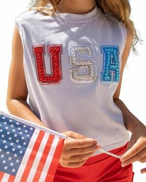 NEW BLENDED SPIRIT girls usa patch sleeveless tee in soft blue gray